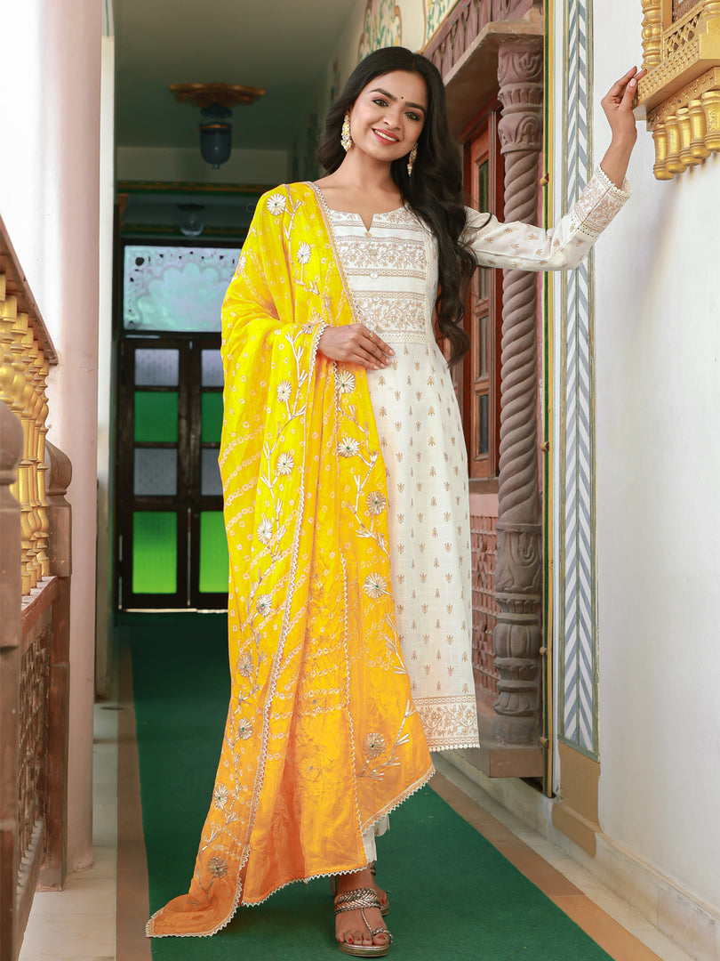 Golden foil print cotton A line panel 3 pcs kurta/suit sets