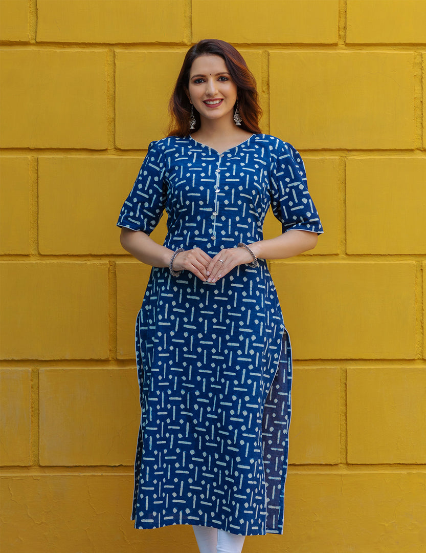 Blue Indigo straight Kurti with Silver Leaf Detail