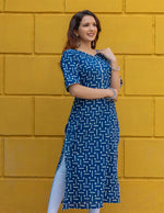 Load image into Gallery viewer, Blue Indigo straight Kurti with Silver Leaf Detail
