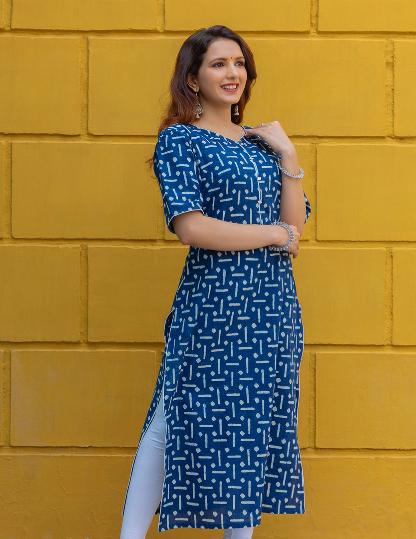 Blue Indigo straight Kurti with Silver Leaf Detail