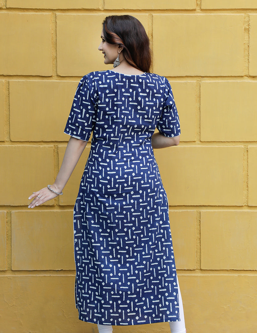 Blue Indigo straight Kurti with Silver Leaf Detail