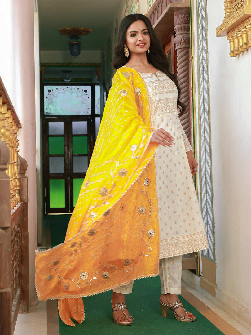Golden foil print cotton A line panel 3 pcs kurta/suit sets
