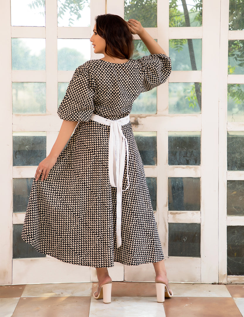 Puffy Sleeves A line Belted Dress